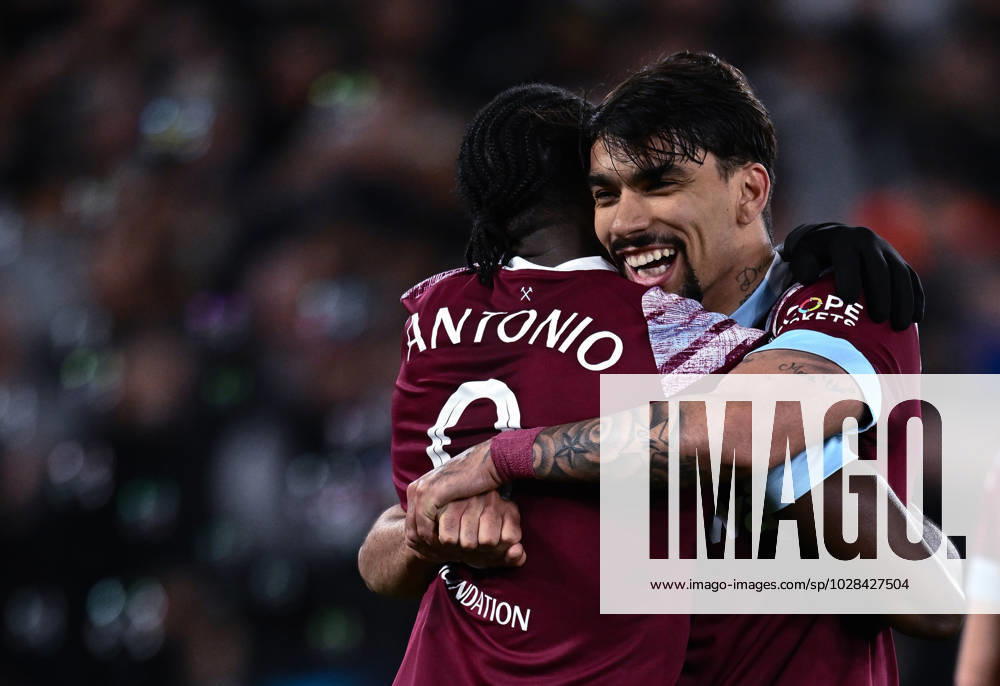 Michail Antonio celebrates with Lucas Paqueta after scoring goal during the UEFA Europa Conference League quarterfinal second leg match between West Ham United and KAA Gent at London Stadium on April 20, 2023 in London, United Kingdom. Photo by Sebastian Frej West Ham United v KAA Gent: Quarterfinal Second Leg - UEFA Europa Conference League
