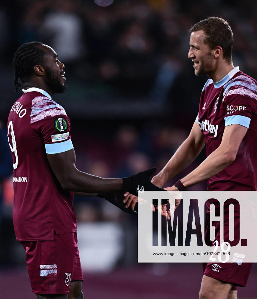 Michail Antonio celebrates with Tomas Soucek after scoring goal during the UEFA Europa Conference League quarterfinal second leg match between West Ham United and KAA Gent at London Stadium on April 20, 2023 in London, United Kingdom. Photo by Sebastian Frej West Ham United v KAA Gent: Quarterfinal Second Leg - UEFA Europa Conference League