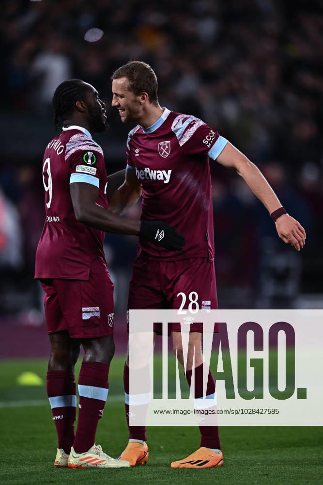 Michail Antonio celebrates with Tomas Soucek after scoring goal during the UEFA Europa Conference League quarterfinal second leg match between West Ham United and KAA Gent at London Stadium on April 20, 2023 in London, United Kingdom. Photo by Sebastian Frej West Ham United v KAA Gent: Quarterfinal Second Leg - UEFA Europa Conference League