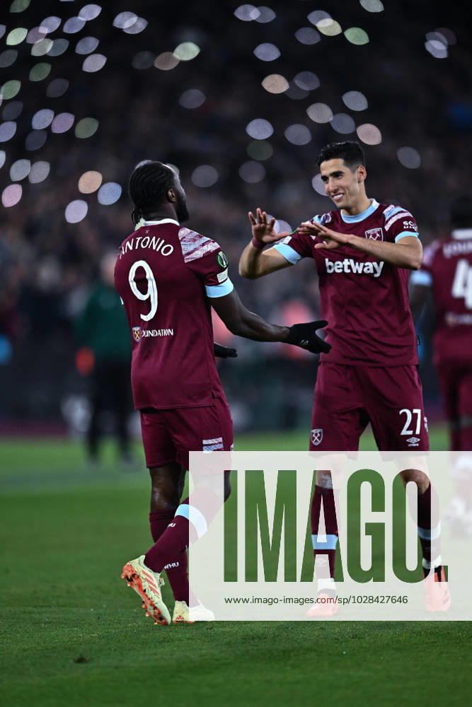 Michail Antonio celebrates after scoring goal during the UEFA Europa Conference League quarterfinal second leg match between West Ham United and KAA Gent at London Stadium on April 20, 2023 in London, United Kingdom. Photo by Sebastian Frej West Ham United v KAA Gent: Quarterfinal Second Leg - UEFA Europa Conference League