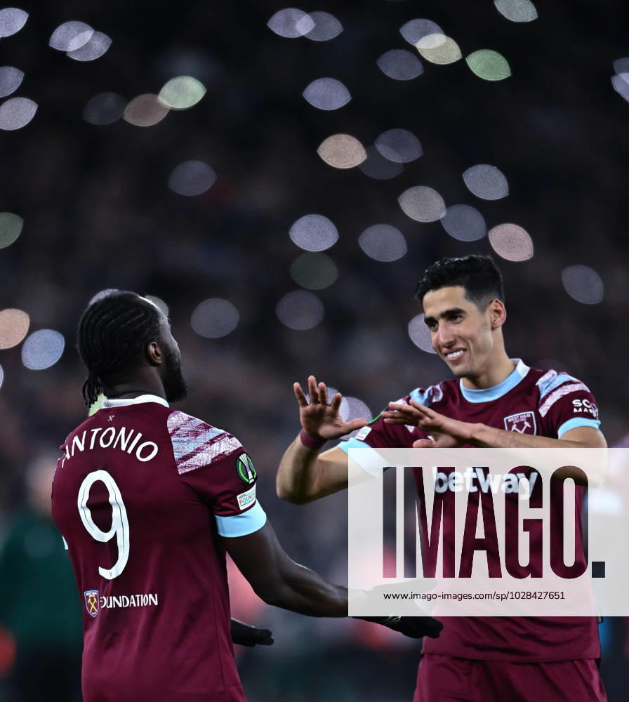 Michail Antonio celebrates with Nayef Aguerd after scoring goal during the UEFA Europa Conference League quarterfinal second leg match between West Ham United and KAA Gent at London Stadium on April 20, 2023 in London, United Kingdom. Photo by Sebastian Frej West Ham United v KAA Gent: Quarterfinal Second Leg - UEFA Europa Conference League