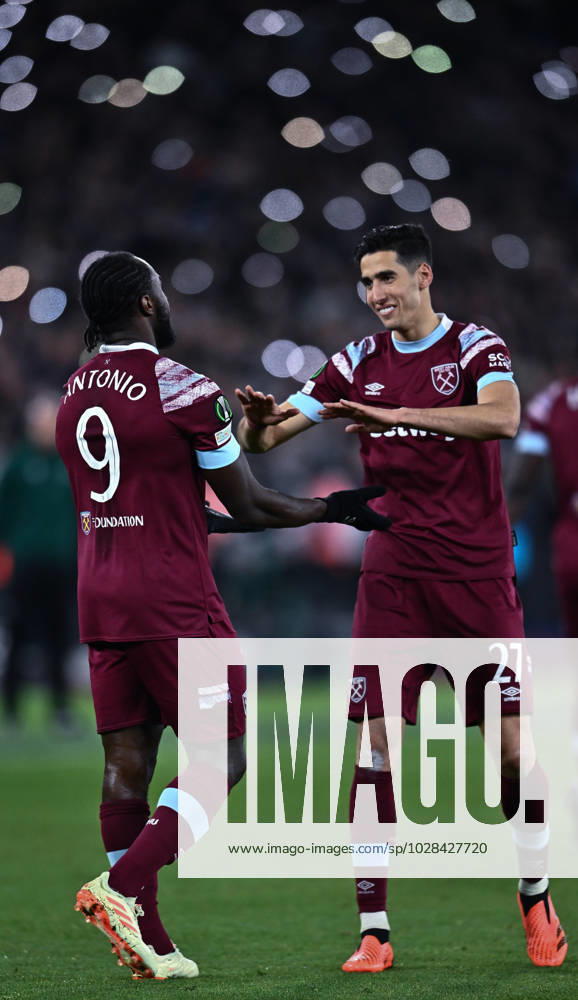 Michail Antonio celebrates with Nayef Aguerd after scoring goal during the UEFA Europa Conference League quarterfinal second leg match between West Ham United and KAA Gent at London Stadium on April 20, 2023 in London, United Kingdom. Photo by Sebastian Frej West Ham United v KAA Gent: Quarterfinal Second Leg - UEFA Europa Conference League