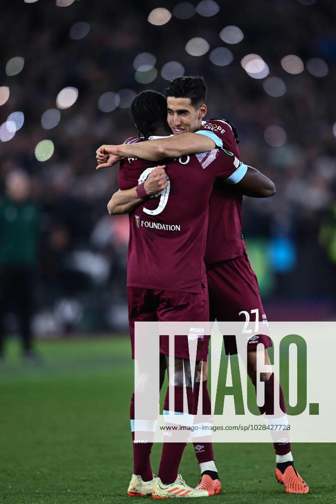 Michail Antonio celebrates with Nayef Aguerd after scoring goal during the UEFA Europa Conference League quarterfinal second leg match between West Ham United and KAA Gent at London Stadium on April 20, 2023 in London, United Kingdom. Photo by Sebastian Frej West Ham United v KAA Gent: Quarterfinal Second Leg - UEFA Europa Conference League