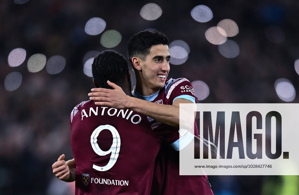 Michail Antonio celebrates with Nayef Aguerd after scoring goal during the UEFA Europa Conference League quarterfinal second leg match between West Ham United and KAA Gent at London Stadium on April 20, 2023 in London, United Kingdom. Photo by Sebastian Frej West Ham United v KAA Gent: Quarterfinal Second Leg - UEFA Europa Conference League