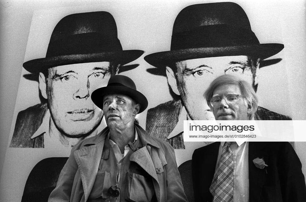 Andy Warhol, right 1928 1987 most important representative of American Pop Art Joseph Beuys left 1921 1986 action artist, painter, sculptor, Galerie Jörg Schellmann and Bernd Klüser Munich Maximilianstraße May 1980 Munich Germany