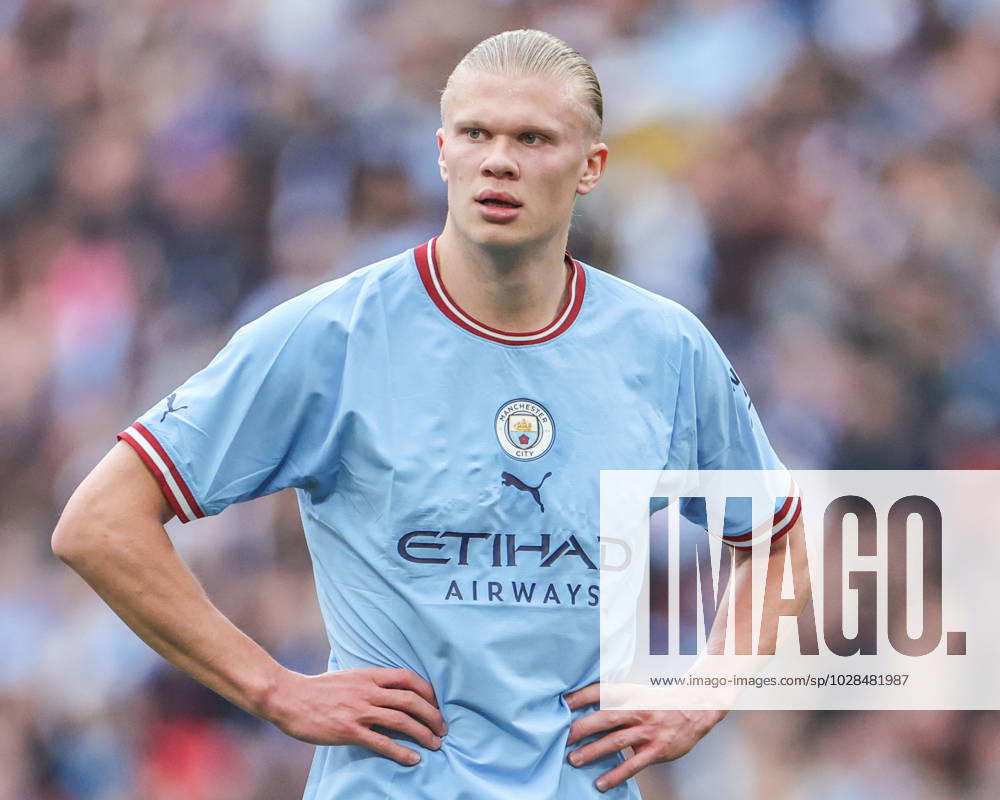 Emirates FA Cup Semi-Final Manchester City v Sheffield United Erling Haland 9 of Manchester City during the Emirates FA Cup Semi-Final match Manchester City vs Sheffield United at Wembley Stadium, London, United Kingdom, 22nd April 2023 (Photo by Mark Cosgrove News Images) London Wembley Stadium Greater London United Kingdom
