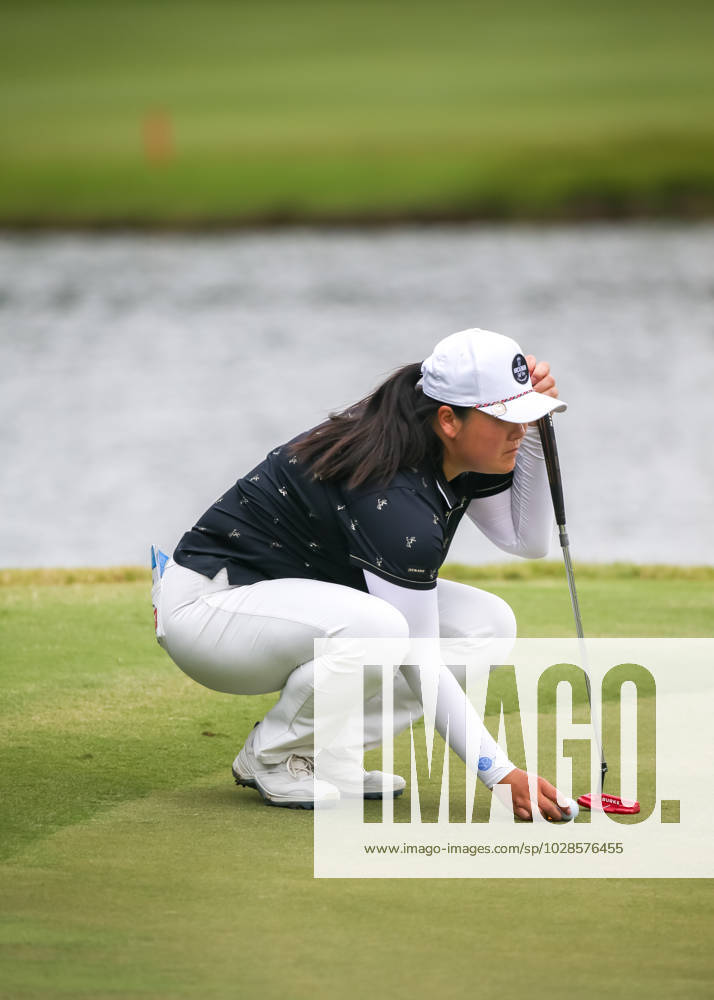 THE WOODLANDS, TX - APRIL 23: Angel Yin (USA) lines up her putt on 9 during the final round of the LPGA, Golf Damen Chevron Championship on April 23, 2023 at The Club at Carlton Woods in The Woodlands, Texas. (Photo by Leslie Plaza Johnson Icon Sportswire) GOLF: APR 23 LPGA The Chevron Championship Icon230423094