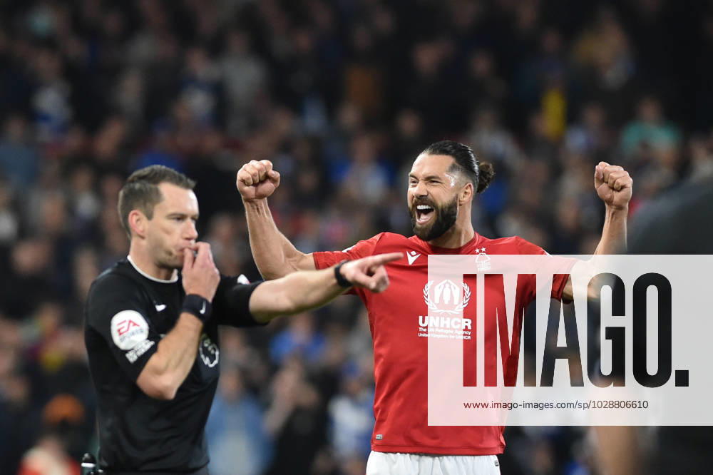 26th April 2023; The City Ground, Nottingham, England; Premier League Football, Nottingham Forest versus Brighton and Hove Albion; Filipe celebrates after Jarred Gillett consults the VAR screen and awards a penalty to Forest ActionPlus12501698 GodfreyxPitt Content restricted for UK based newspaper