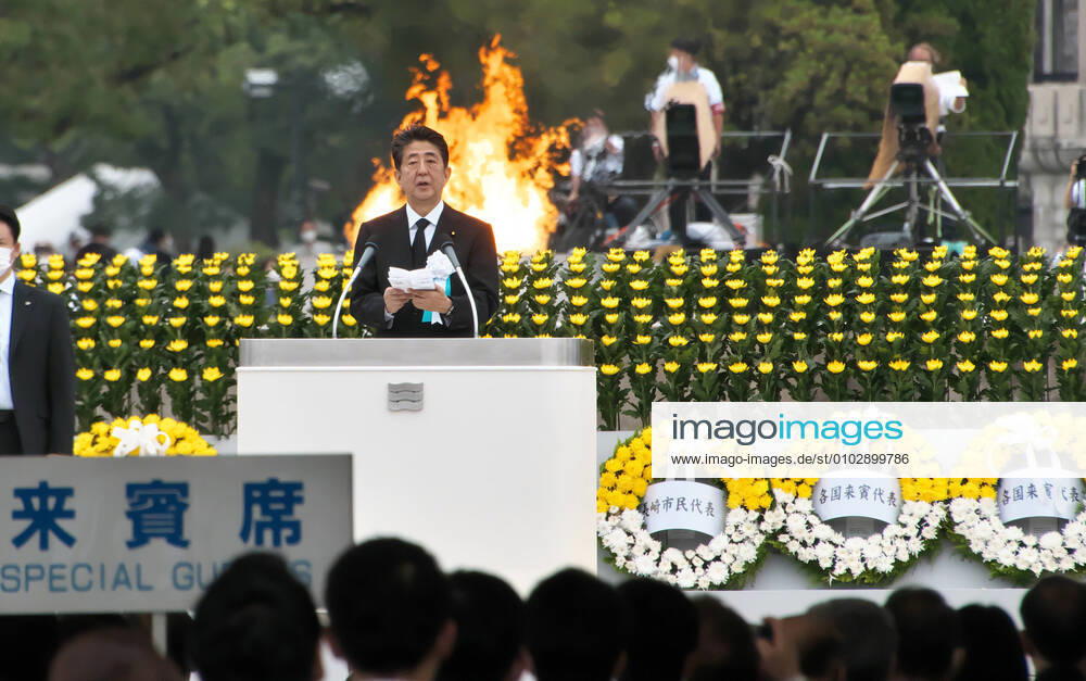 Japan s Prime Minister Shinzo Abe speaks during ceremony marking the 75th anniversary of the atomic bombing of Hiroshima, Japan at the Hiroshima Peace Memorial Park on Thursday, August 6, 2020. The ceremony this year was scaled down a precaution to prevent the spread of the novel coronavirus COVID-19. An American B-29 Superfortress flew from Tinian in the Mariana Islands dropping the bomb called Little Boy , killing approximately 75,000 people, some 30 percent of the population. TKP2020080615 KEIZOxMORI