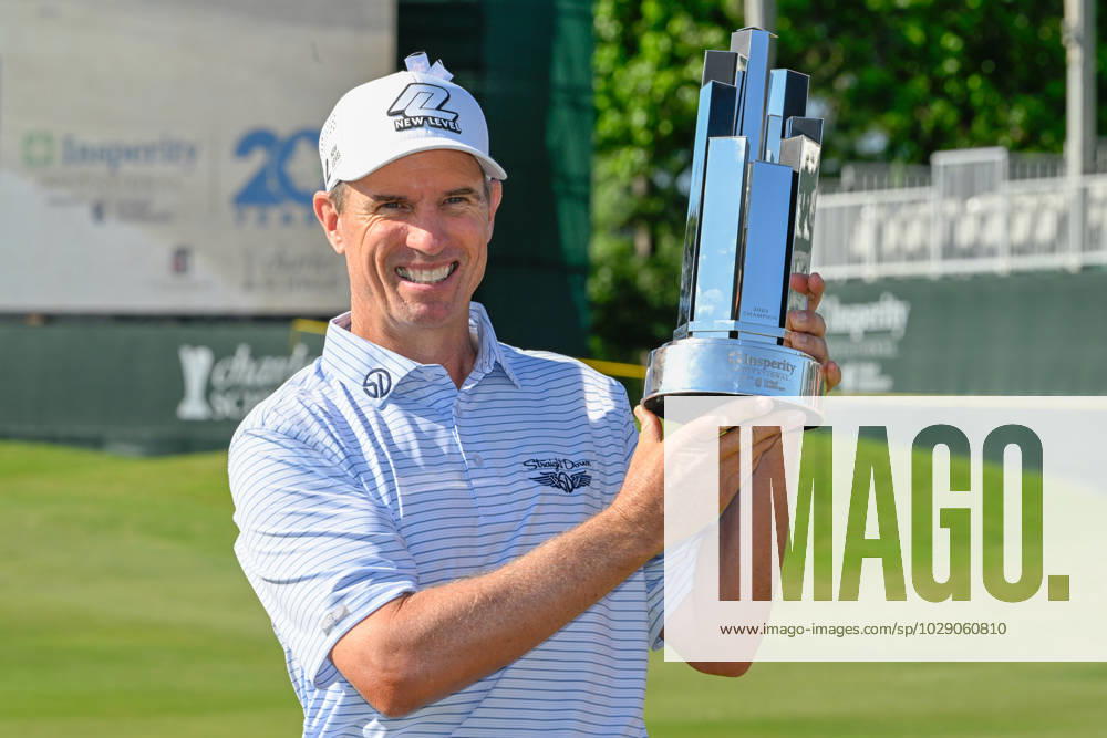 THE WOODLANDS, TX - APRIL 30: Steve Alker holds the trophy for winning the Insperity Invitational at The Woodlands Country Club Tournament Course on April 30, 2023 in The Woodlands, Texas. (Photo by Ken Murray Icon Sportswire) GOLF: APR 30 PGA, Golf Herren Tour Champions Insperity Invitational Icon230430092