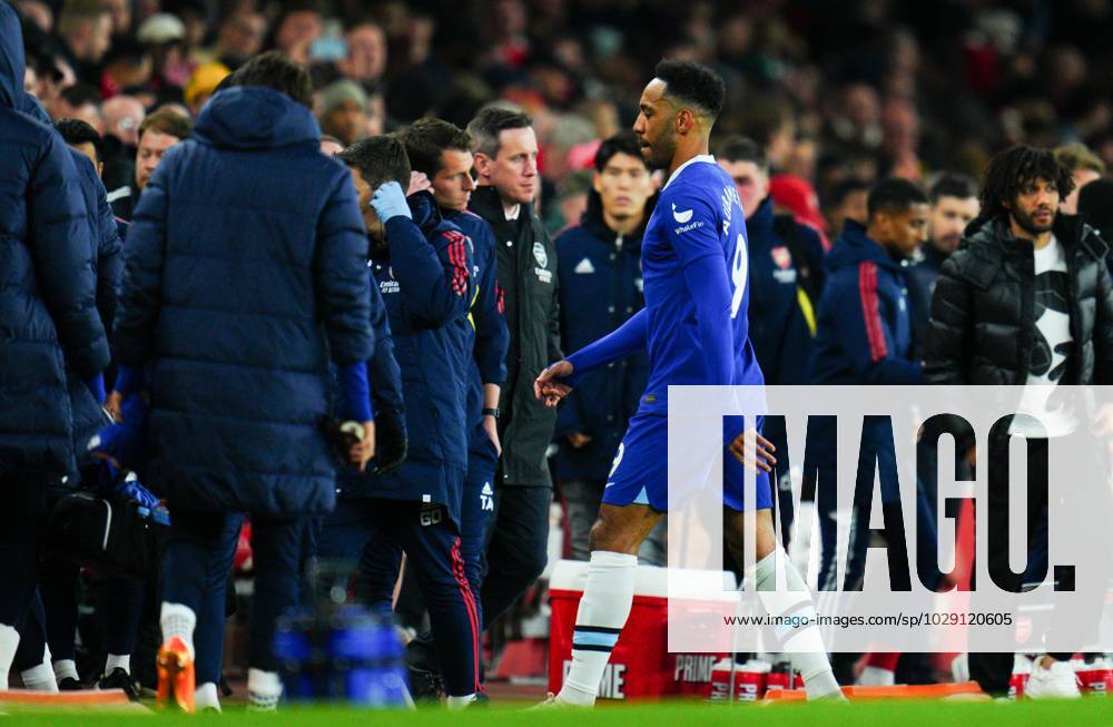 Mandatory Credit: Photo by Javier Garcia Shutterstock (13895926al) Pierre-Emerick Aubameyang of Chelsea walks off at half time Arsenal v Chelsea, Premier League, Football, Emirates Stadium, London, UK - 02 May 2023 Arsenal v Chelsea, Premier League, Football, Emirates Stadium, London, UK
