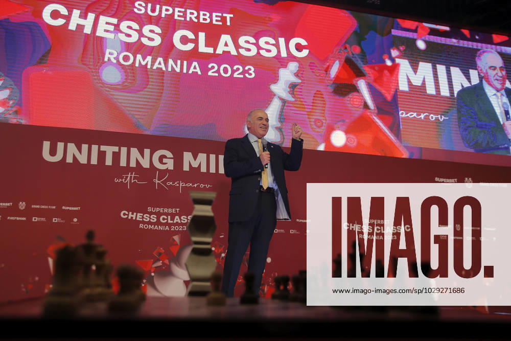(230506) -- BUCHAREST, May 6, 2023 -- Former World Chess Champion Garry Kasparov speaks at the official opening ceremony of Grand Chess Tour 2023 in Bucharest, Romania, May 5, 2023. (Photos by Xinhua) (SP)ROMANIA-BUCHAREST-CHESS-GRAND TOUR CristianxCristel