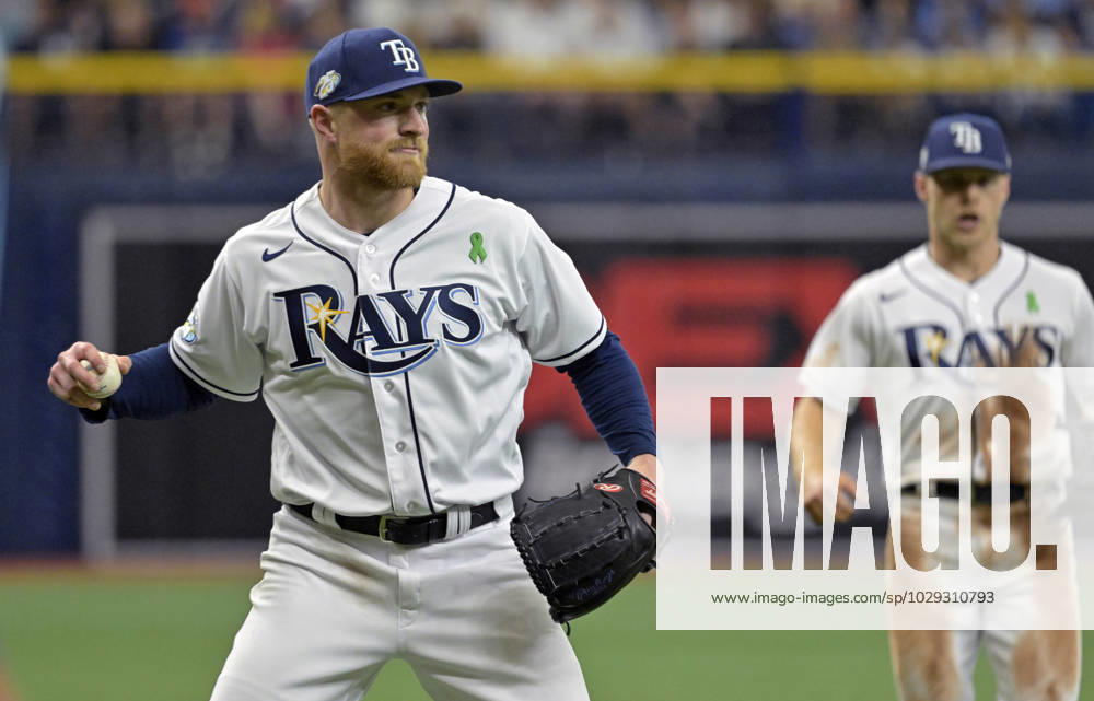 Tampa Bay Rays starting pitcher Drew Rasmussen holds onto the ball after a come-backer to the mound hit by New York Yankees center fielder Isiah Kiner-Falefa during the fifth inning of a baseball game at Tropicana Field in St. Petersburg, Florida on Saturday, May 6, 2023. FLSN20230506114 STEVExNESIUS