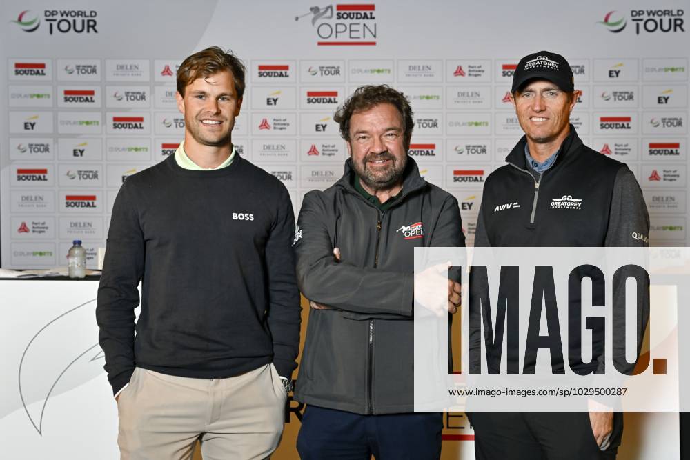 Belgian Thomas Detry, Michael Jones, Tournament Director of the Soudal Open and Belgian Nicolas Colsaerts pictured during a press conference, PK, Pressekonferenz regarding the 2023 Soudal Open DP World Tour golf tournament, in Schilde, Tuesday 09 May 2023. The 2023 Soudal Open taken place from 11 to 14 May at the Rinkven Golf Club in Schilde. DIRKxWAEM x66979771x