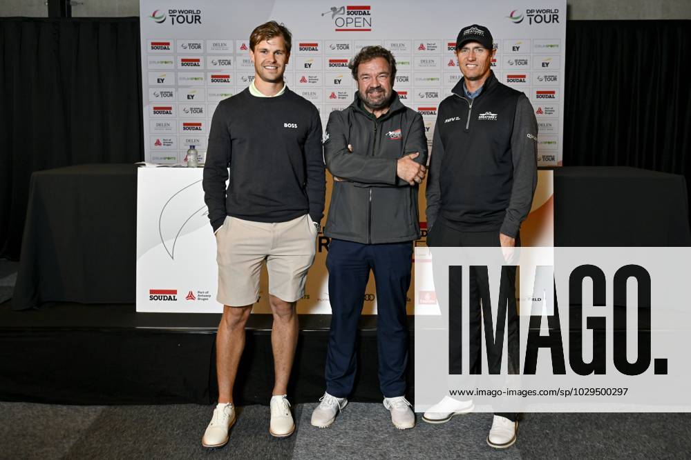 Belgian Thomas Detry, Michael Jones, Tournament Director of the Soudal Open and Belgian Nicolas Colsaerts pictured during a press conference, PK, Pressekonferenz regarding the 2023 Soudal Open DP World Tour golf tournament, in Schilde, Tuesday 09 May 2023. The 2023 Soudal Open taken place from 11 to 14 May at the Rinkven Golf Club in Schilde. DIRKxWAEM x66979778x
