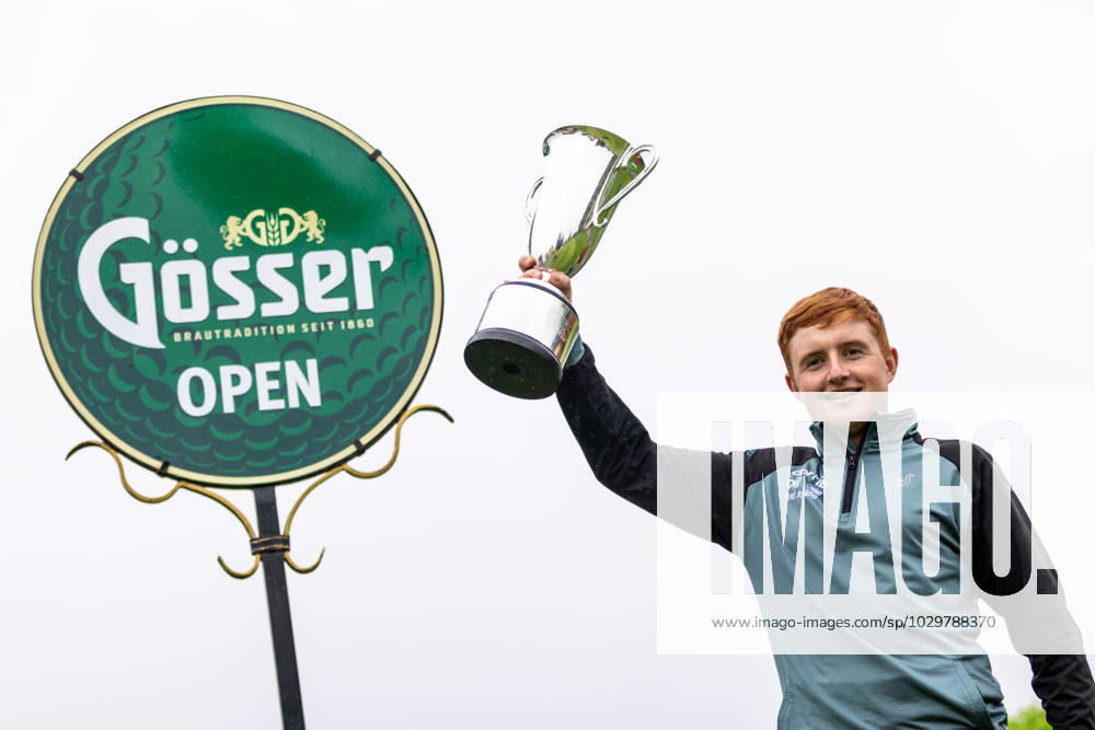GOLF - Goesser Open 2023 MARIA LANKOWITZ,AUSTRIA,13.MAY.23 - GOLF - Alps Tour, Goesser Open, GC Erzherzog Johann, award ceremony. Image shows Ronan Mullarney (IRL). Keywords: trophy. GEPAxpictures Klansek