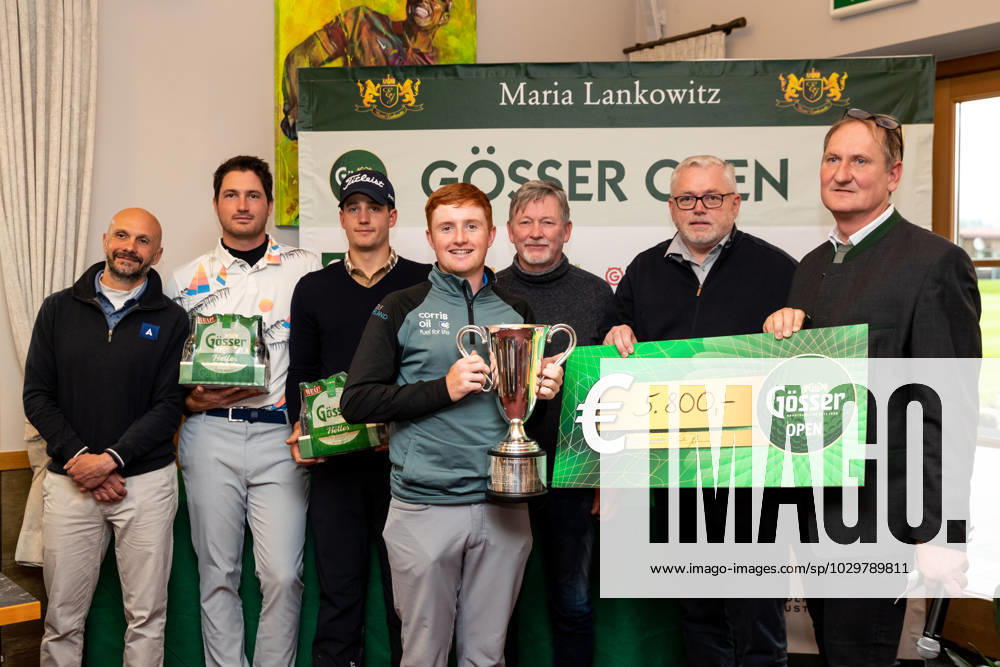 GOLF - Goesser Open 2023 MARIA LANKOWITZ,AUSTRIA,13.MAY.23 - GOLF - Alps Tour, Goesser Open, GC Erzherzog Johann, award ceremony. Image shows tournament director Alessandro Pia (Alps Tour Golf), Gianmaria Rean Trinchero (ITA), Timon Baltl (AUT), Ronan Mullarney (IRL), president Gerald Lassnik (GC Erzherzog Johann), Sigurd Aulibauer (Goesser), Klaus Geyrhofer (Murhof). Keywords: trophy. GEPAxpictures Klansek