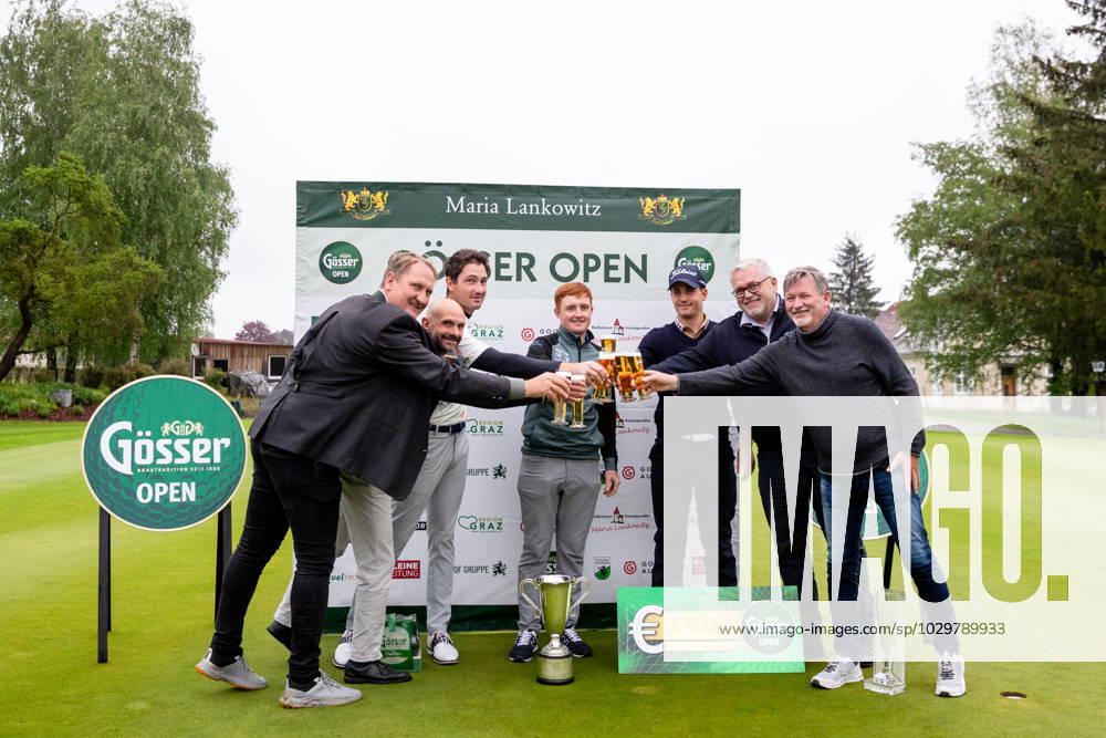 GOLF - Goesser Open 2023 MARIA LANKOWITZ,AUSTRIA,13.MAY.23 - GOLF - Alps Tour, Goesser Open, GC Erzherzog Johann, award ceremony. Image shows Klaus Geyrhofer (Murhof), tournament director Alessandro Pia (Alps Tour Golf), Gianmaria Rean Trinchero (ITA), Ronan Mullarney (IRL), Timon Baltl (AUT), Sigurd Aulibauer (Goesser) and president Gerald Lassnik (GC Erzherzog Johann). GEPAxpictures Klansek