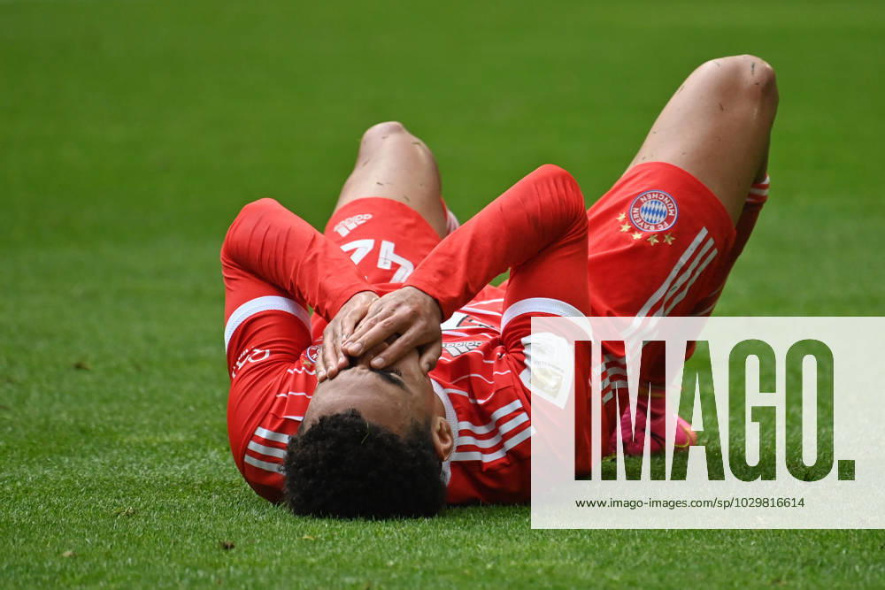 Jamal MUSIALA Bayern Muenchen , injured,injury,pain,action,single action,single shot,crop,full body shot,full figure Football 1 Bundesliga Season 2022 2023, 32 Matchday, Matchday32, FC Bayern Muenchen FC Schalke 04 6 0 on13 05 2023, A L L I A N Z A R E N A