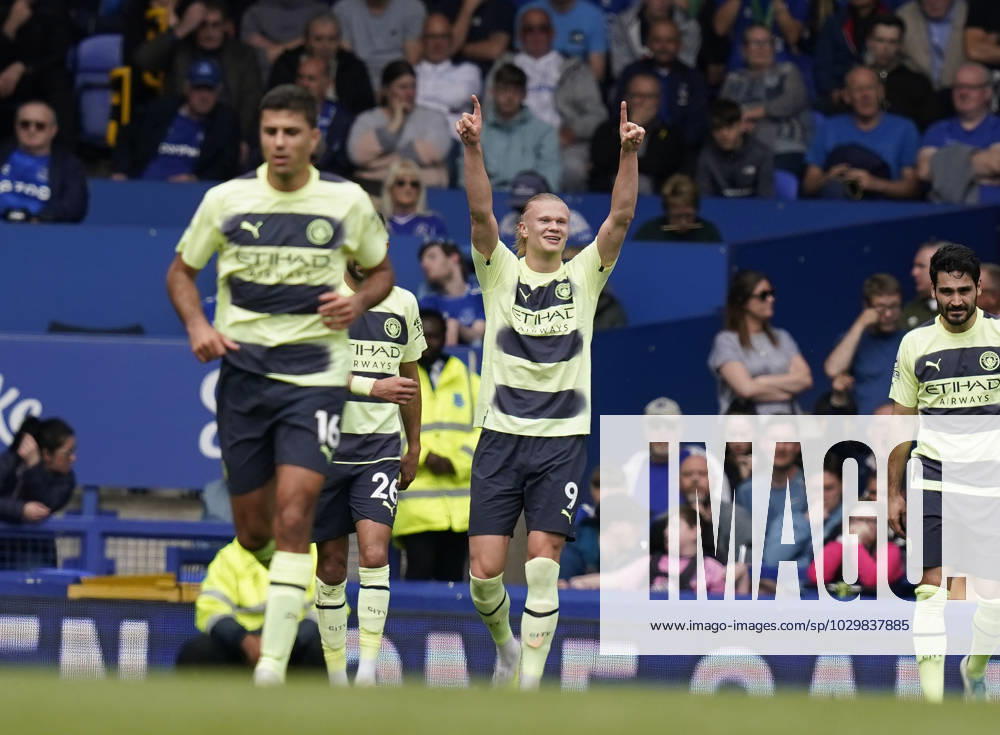 Liverpool, England, 14th May 2023. Erling Haaland of Manchester City (c) celebrates after scoring the second goal during the Premier League match at Goodison Park, Liverpool. Picture credit should read: Andrew Yates Sportimage . SPI-2442-0011