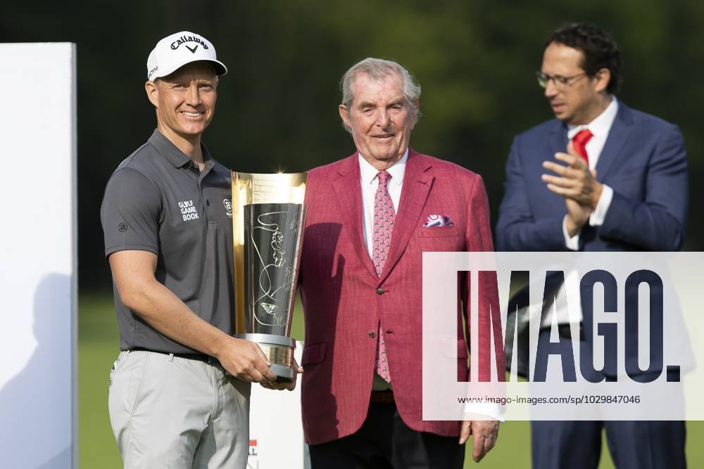 Swedish Simon Forsstrom pictured with Soudal chairman Vic Swerts after winning the Soudal Open golf tournament in Schilde, Sunday 14 May 2023. KRISTOFxVANxACCOM x67285032x