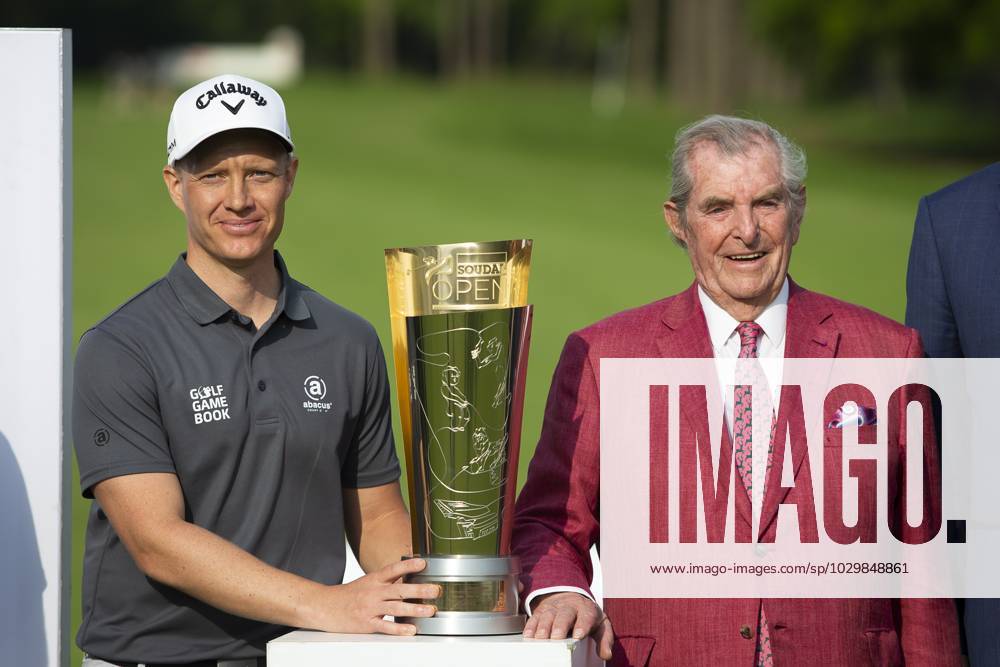 Swedish Simon Forsstrom pictured with Soudal chairman Vic Swerts after winning the Soudal Open golf tournament in Schilde, Sunday 14 May 2023. KRISTOFxVANxACCOM x67286661x