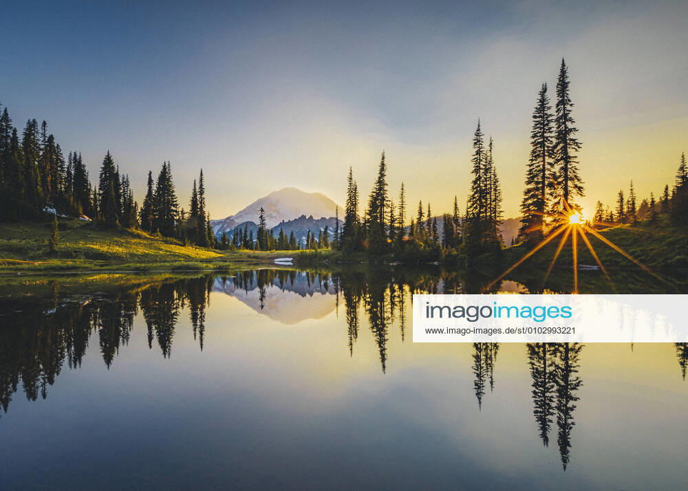 Tipsoo lake on sunset with a reflection of mt. Rainier, Washington Greenwater, WA, United States CR_EVVA200803-461778-01