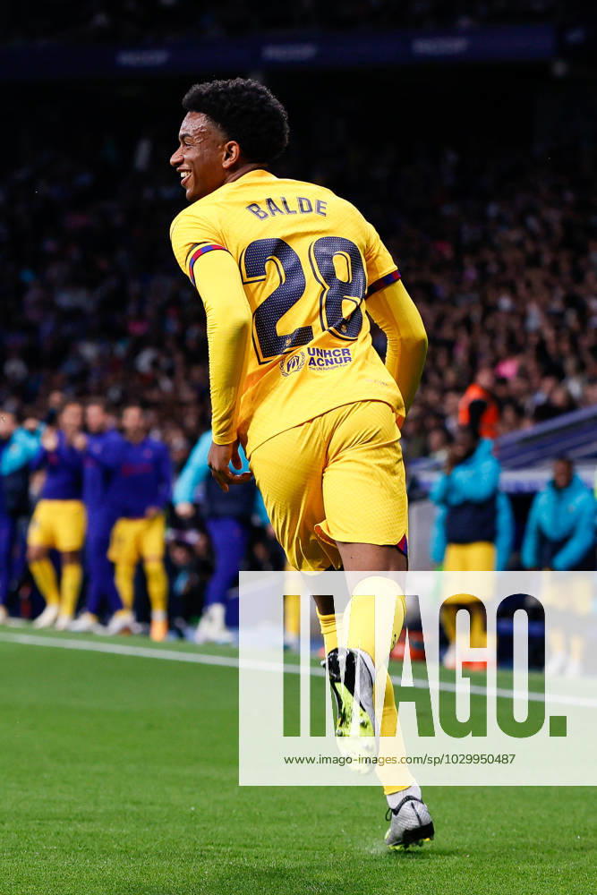 BARCELONA, SPAIN - MAY 14: Alex Balde of FC Barcelona, Barca celebrate a goal during the La Liga Santander match between RCD Espanyol and FC Barcelona at the RCDE Stadium on May 14, 2023 in Barcelona, Spain Barcelona Spain - ZUMAd159 20230514_zia_d159_107