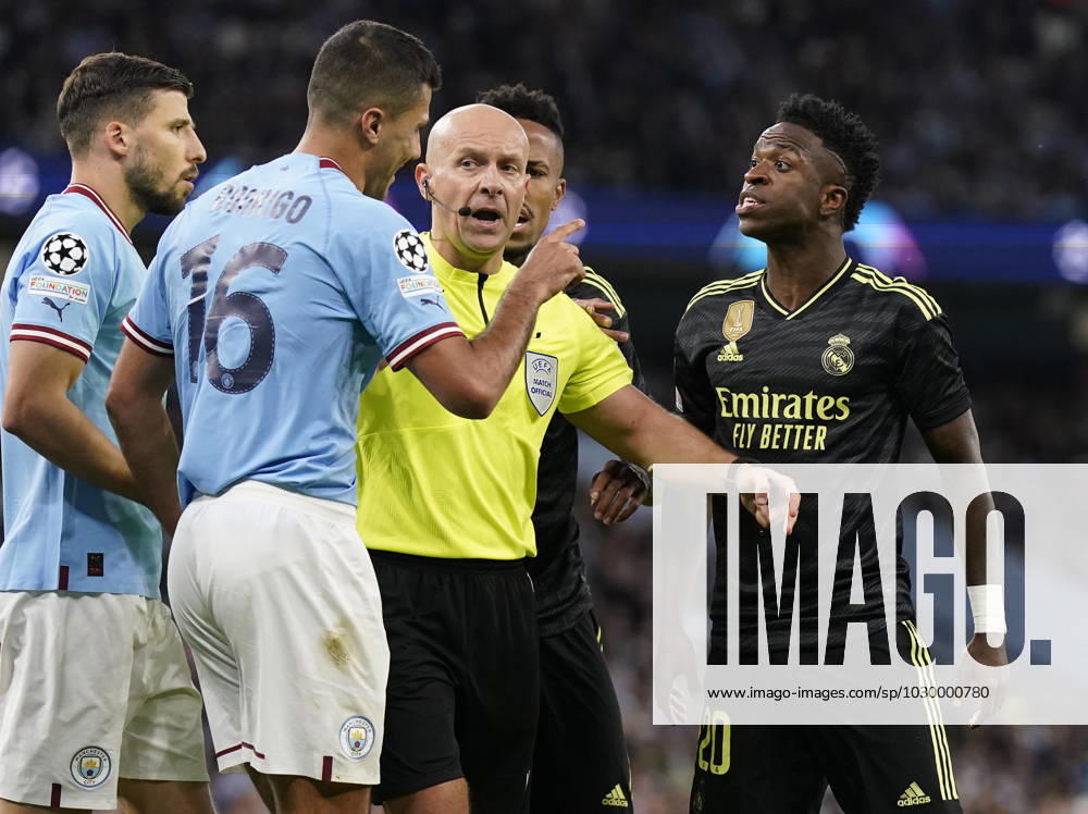 Manchester, England, 17th May 2023. Rodri of Manchester City exchanges views with Vinicius Junior of Real Madrid during the UEFA Champions League match at the Etihad Stadium, Manchester. Picture credit should read: Andrew Yates Sportimage . SPI-2446-0103