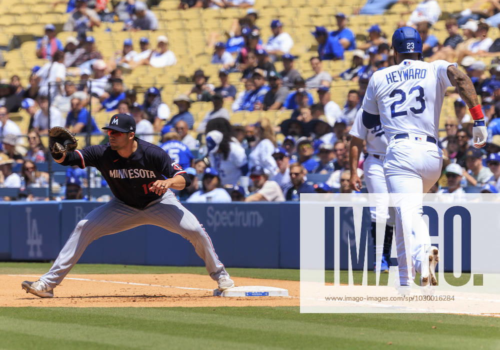 Jason Hayward 23 of the Los Angeles Dodgers is out on first base by Alex Kirilloff 19 of the Minnesota Twins during their regular season MLB, Baseball Herren, USA game on Wednesday May 17, 2023 at Dodger Stadium in Los Angeles, California. Dodgers defeat Twins, 7-3. PI Los Angeles USA - ZUMAp124 20230517_zaa_p124_100