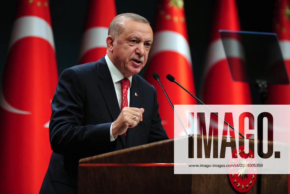 KW33 (200810) -- ANKARA, Aug. 10, 2020 -- Turkish President Recep Tayyip Erdogan speaks at a press conference in Ankara, Turkey, on Aug. 10, 2020. Turkish President Recep Tayyip Erdogan on Monday appealed for an acceptable formula for energy exploration rights in the Eastern Mediterranean which has been the center of tension over recent drilling activities. (Photo by Xinhua) TURKEY-ANKARA-ERDOGAN-EASTERN MEDITERRANEAN DISPUTES Mustafaxkaya