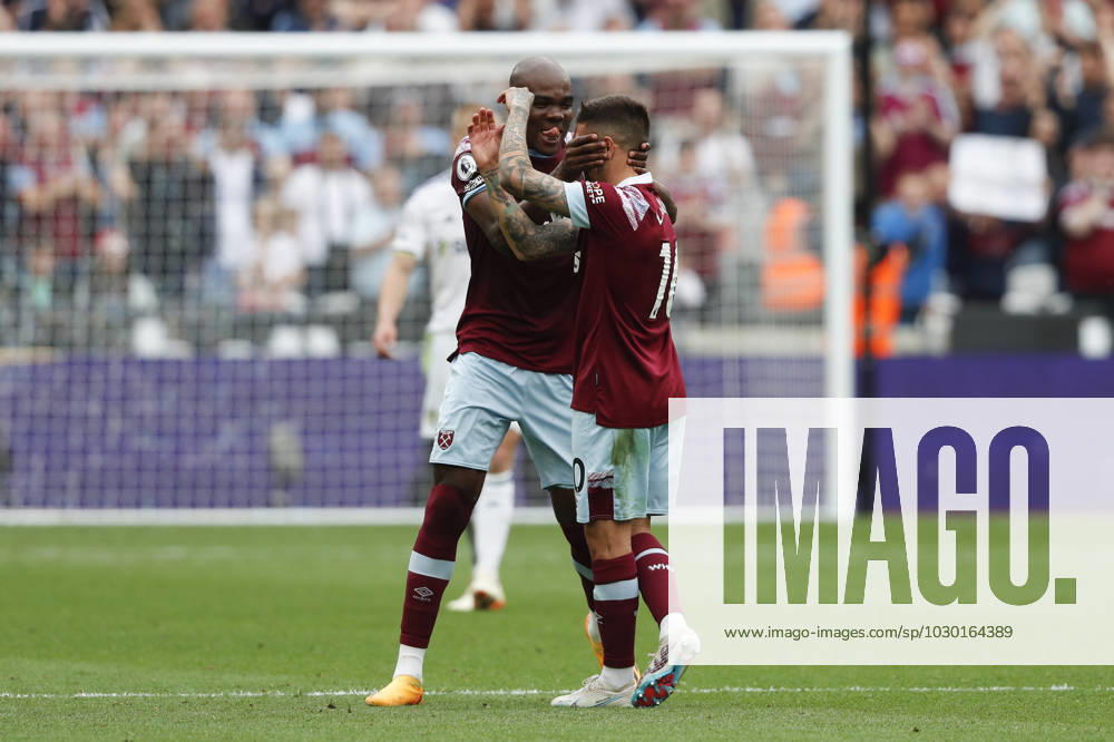 West Ham United v Leeds United Premier League Angelo Ogbonna of West Ham United and Manuel Lanzini of West Ham United their side?s 3rd goal after Video Assistant Referee Michael Salisbury ruled it should stand during the Premier League match at the London Stadium, Stratford Content Not Available For UK Newspapers