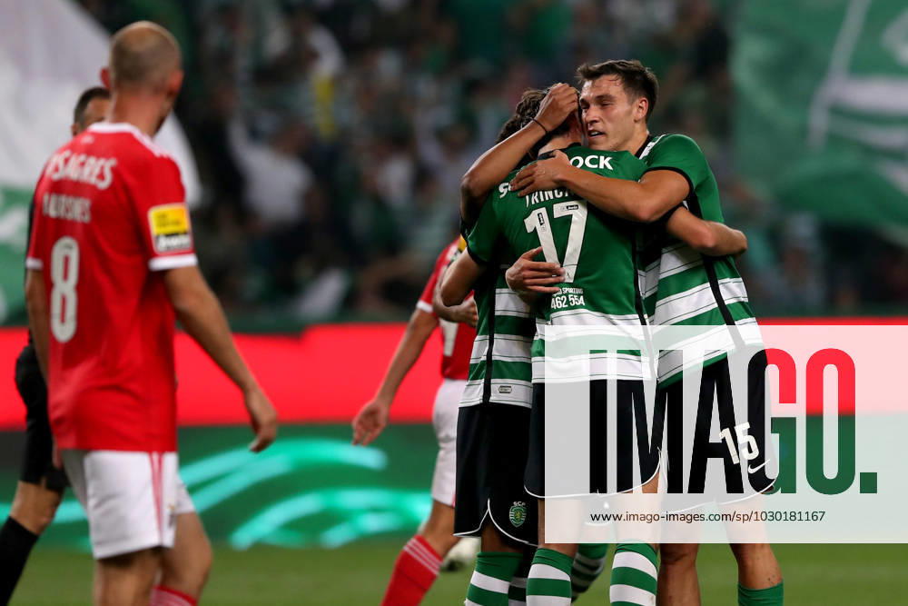 Francisco Trincao of Sporting CP (17) celebrates with Manuel Ugarte (R ) after scoring a goal during the Portuguese League football match between Sporting CP and SL Benfica at Jose Alvalade stadium in Lisbon, Portugal on May 21, 2023. Lisbon Portugal - ZUMAf123 20230521_zap_f123_006