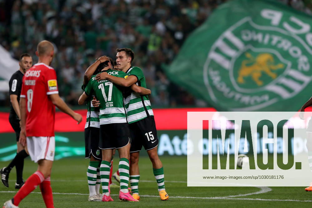 Francisco Trincao of Sporting CP (17) celebrates with Manuel Ugarte (R ) after scoring a goal during the Portuguese League football match between Sporting CP and SL Benfica at Jose Alvalade stadium in Lisbon, Portugal on May 21, 2023. Lisbon Portugal - ZUMAf123 20230521_zap_f123_007