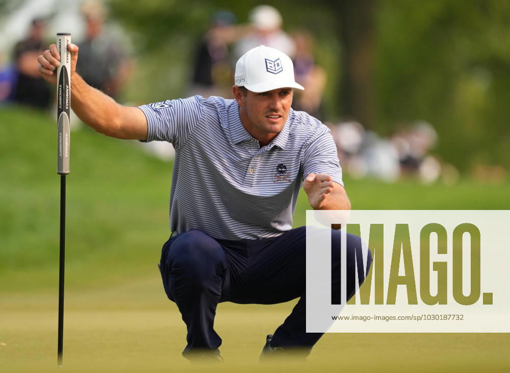 Bryson DeChambeau lines up his putt on the 17th green during the 2023 PGA, Golf Herren Championship at Oak Hill Country Club in Rochester, New York on Sunday, May 21, 2023. Brooks Koepka won the championship shooting 72, 66, 66 and 67 to finish at nine-under-par. ROC20230521574 AARONxJOSEFCZYK