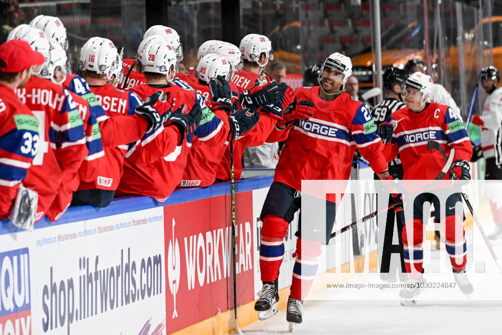 RIGA, LATVIA MAY 22 Andreas Martinsen of Norway celebrate after scoring a goal during the 2023 IIHF Ice Hockey World Championship Finland Latvia game between Canada and Norway at Arena Riga on May 22, 2023 in Riga, Latvia Riga Arena Riga Latvia