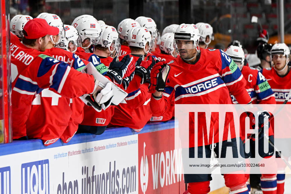 RIGA, LATVIA MAY 22 Andreas Martinsen of Norway celebrate after scoring a goal during the 2023 IIHF Ice Hockey World Championship Finland Latvia game between Canada and Norway at Arena Riga on May 22, 2023 in Riga, Latvia Riga Arena Riga Latvia