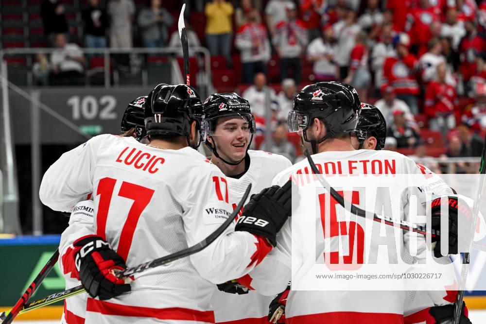 RIGA, LATVIA MAY 22 Milan Lucic of Canada celebrate after scoring a goal during the 2023 IIHF Ice Hockey World Championship Finland Latvia game between Canada and Norway at Arena Riga on May 22, 2023 in Riga, Latvia Riga Arena Riga Latvia