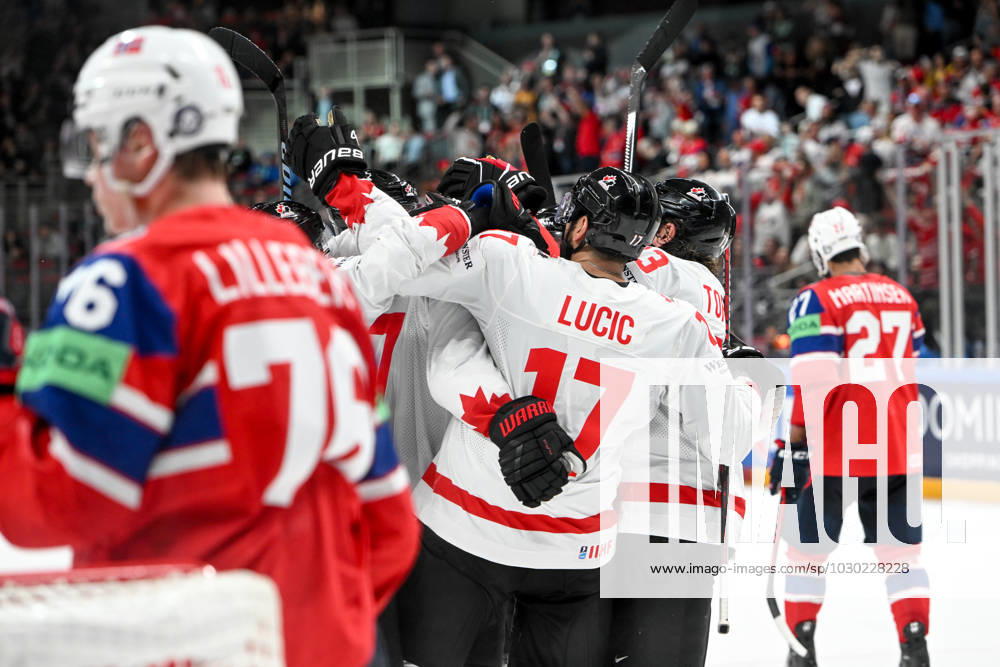 RIGA, LATVIA MAY 22 Canadian players celebrate after a goal scored by Lawson Crouse of Canada during the 2023 IIHF Ice Hockey World Championship Finland Latvia game between Canada and Norway at Arena Riga on May 22, 2023 in Riga, Latvia Riga Arena Riga Latvia