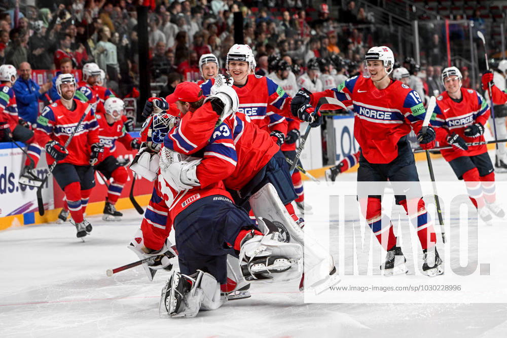 RIGA, LATVIA MAY 22 goalkeeper Jonas Arntzen of Norway celebrate the victory during the 2023 IIHF Ice Hockey World Championship Finland Latvia game between Canada and Norway at Arena Riga on May 22, 2023 in Riga, Latvia Riga Arena Riga Latvia