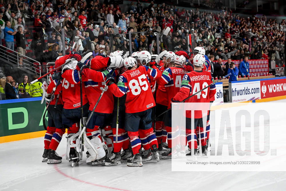 RIGA, LATVIA MAY 22 Norway celebrate the victory during the 2023 IIHF Ice Hockey World Championship Finland Latvia game between Canada and Norway at Arena Riga on May 22, 2023 in Riga, Latvia Riga Arena Riga Latvia