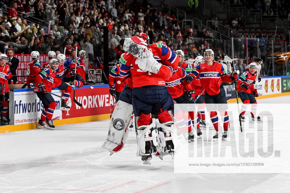 RIGA, LATVIA MAY 22 goalkeeper Jonas Arntzen of Norway celebrate the victory during the 2023 IIHF Ice Hockey World Championship Finland Latvia game between Canada and Norway at Arena Riga on May 22, 2023 in Riga, Latvia Riga Arena Riga Latvia