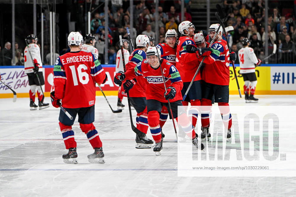 RIGA, LATVIA MAY 22 Ken Andre Olimb of Norway celebrate the victory during the 2023 IIHF Ice Hockey World Championship Finland Latvia game between Canada and Norway at Arena Riga on May 22, 2023 in Riga, Latvia Riga Arena Riga Latvia
