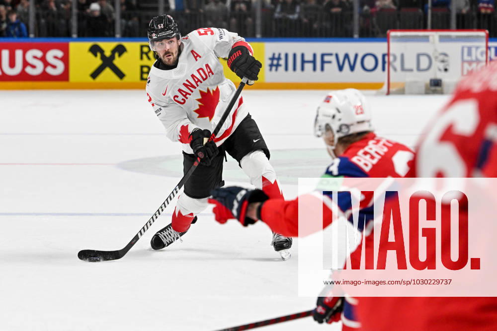 RIGA, LATVIA MAY 22 MacKenzie Weegar of Canada shoots the puck during the 2023 IIHF Ice Hockey World Championship Finland Latvia game between Canada and Norway at Arena Riga on May 22, 2023 in Riga, Latvia Riga Arena Riga Latvia