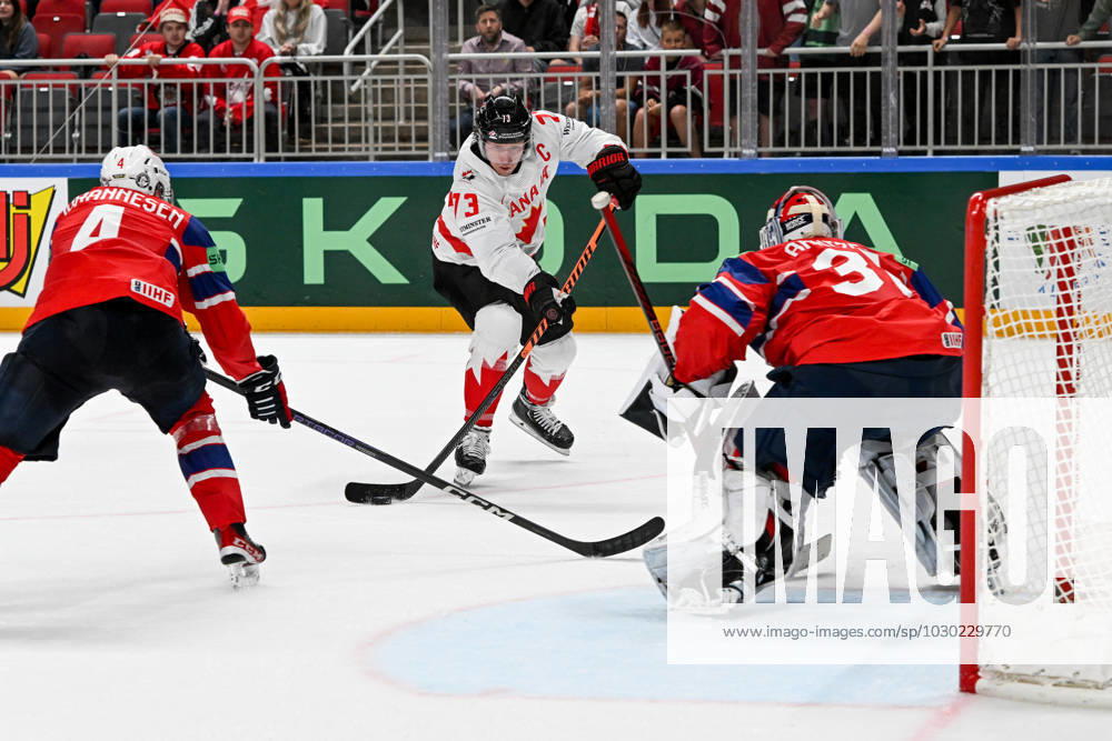 RIGA, LATVIA MAY 22 Tyler Toffoli of Canada tries to score against goalkeeper Jonas Arntzen of Norway during the 2023 IIHF Ice Hockey World Championship Finland Latvia game between Canada and Norway at Arena Riga on May 22, 2023 in Riga, Latvia Riga Arena Riga Latvia