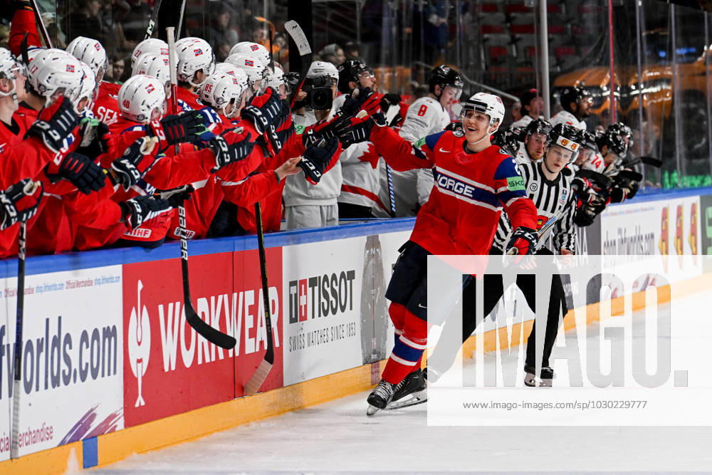 RIGA, LATVIA MAY 22 Isak Hansen of Norway celebrate after scoring a penalty shot during the 2023 IIHF Ice Hockey World Championship Finland Latvia game between Canada and Norway at Arena Riga on May 22, 2023 in Riga, Latvia Riga Arena Riga Latvia
