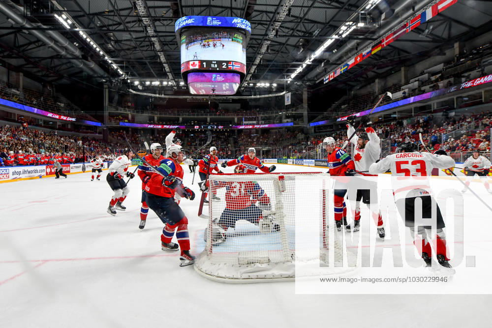 RIGA, LATVIA MAY 22 Canada celebrate a goal scored by Lawson Crouse of Canada during the 2023 IIHF Ice Hockey World Championship Finland Latvia game between Canada and Norway at Arena Riga on May 22, 2023 in Riga, Latvia Riga Arena Riga Latvia