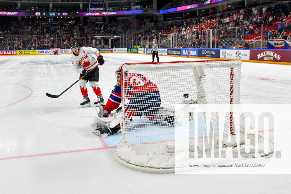 RIGA, LATVIA MAY 22 Tyler Toffoli of Canada scores on a penalty shot against goalkeeper Jonas Arntzen of Norway during the 2023 IIHF Ice Hockey World Championship Finland Latvia game between Canada and Norway at Arena Riga on May 22, 2023 in Riga, Latvia Riga Arena Riga Latvia