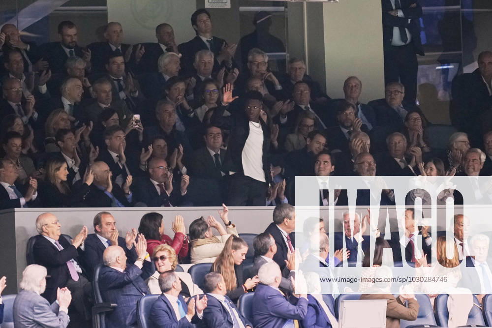 Real Madrid CF v Rayo Vallecano - LaLiga Santander Vinicius Junior left winger of Real Madrid and Brazil greets during the LaLiga Santander match between Real Madrid CF and Rayo Vallecano at Estadio Santiago Bernabeu on May 24, 2023 in Madrid, Spain. Madrid Spain