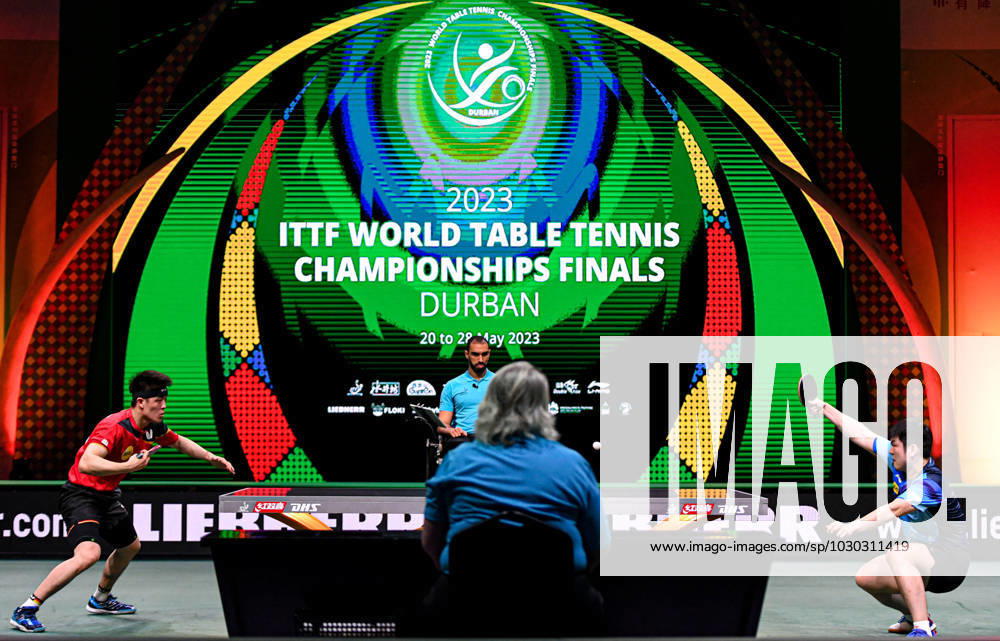 KW21 (230525) -- DURBAN, May 25, 2023 -- Fan Zhendong (R) of China hits a return during the men s singles round of 16 match against Qiu Dang of Germany at 2023 ITTF Table tennis, Tischtennis World Championships Finals in Durban, South Africa, May 25, 2023. ) (SP)SOUTH AFRICA-DURBAN-ITTF-TABLE TENNIS-WORLD CHAMPIONSHIPS FINALS-DAY 5 LixYahui